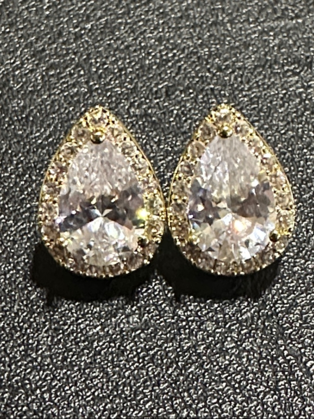 Cubic Zirconia Diamond Tear Drop Gold-Tone Stud Earrings